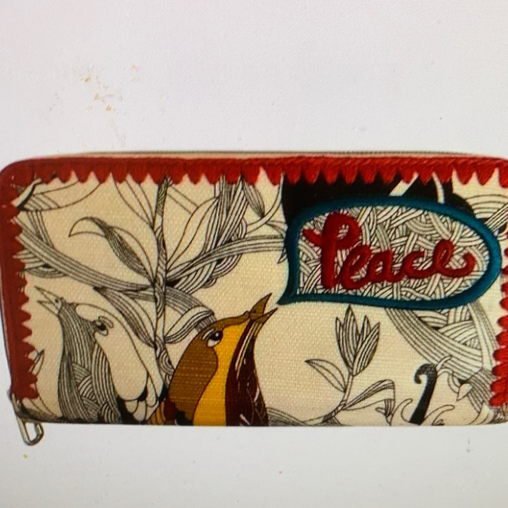 Sakroots Peace embroidered bird & botanical coated canvas zip around wallet